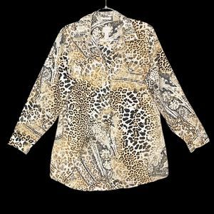 Chicos Size 2 L No Iron Animal Print Tunic Blouse Shirt Button Up Mixed Cheetah